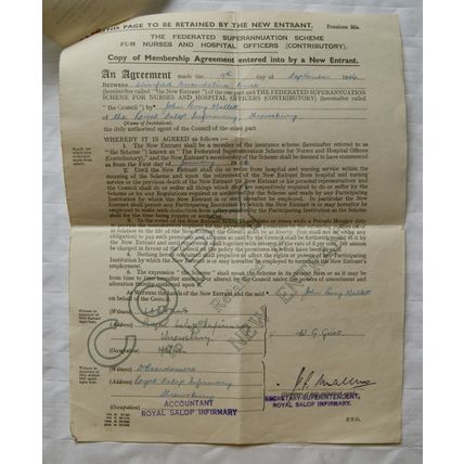 1947 letter Royal Salop Infirmary, Shrewsbury re Superannuation Agreement