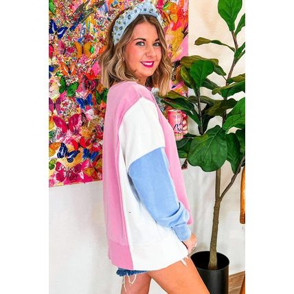 Bonbon Color Block Exposed Seam Side Slits Crewneck Sweatshirt