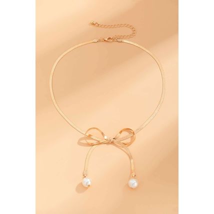 Gold Pearly Bow Collarbone Necklace