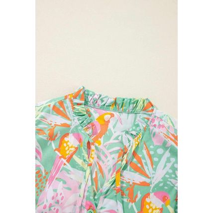 Green Abstract Floral Ruffle Trim Flutter Sleeve Buttoned Dress