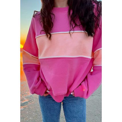 Sachet Pink Colorblock Patchwork Drop Shoulder Ribbed Trim Sweatshirt