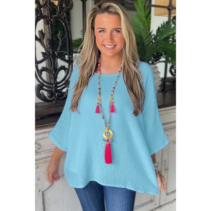 Aruba Blue Crinkled Bracelet Sleeve Flowy Blouse