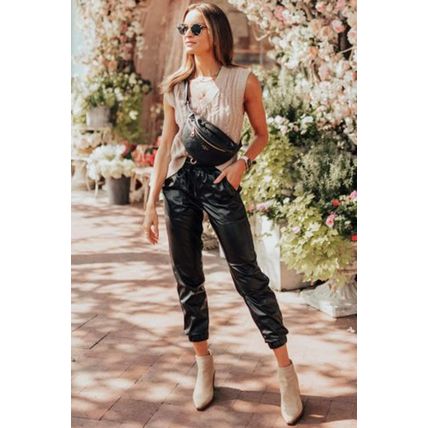Black Faux Leather Ankle Smocked Waist Drawstring Joggers