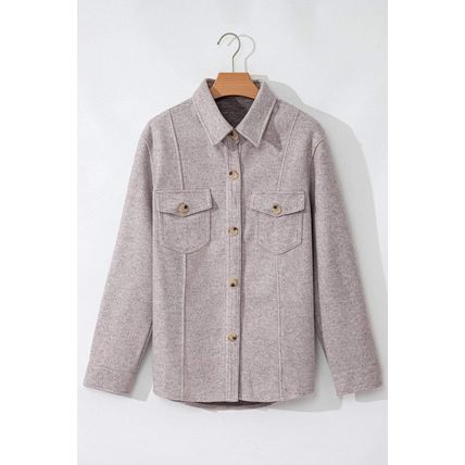 Light Grey Turn Down Collar Flap Pockets Buttoned Shacket