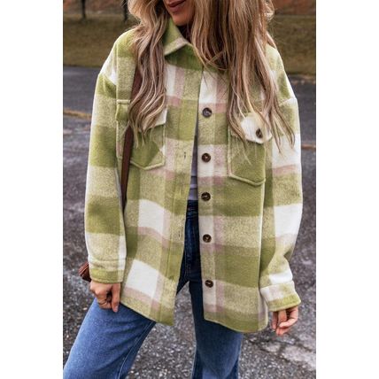 Sage Green Plaid Print Buttoned Flap Pockets Baggy Shacket