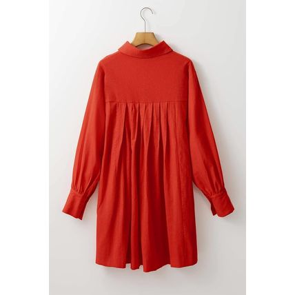 Tomato Red Bishop Sleeve Button Up Pleated Mini Shirt Dress