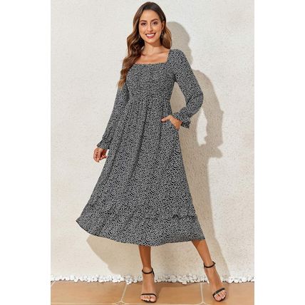 Black Floral Printed Long Sleeve Square Neck Midi Dress