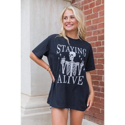 Black STAYING ALIVE Funny Skeleton Print Round Neck T Shirt