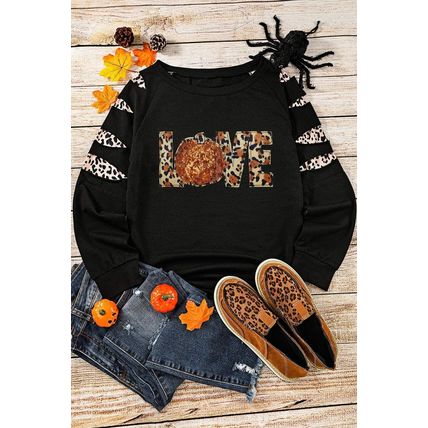 Black LOVE Sequin Pumpkin Leopard Print Cut Out Sleeve Sweatshirt