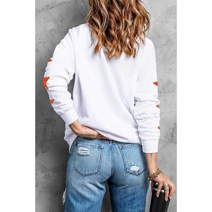 Beige Glittering Touch Down Patched Pattern Star Sleeve Sweatshirt