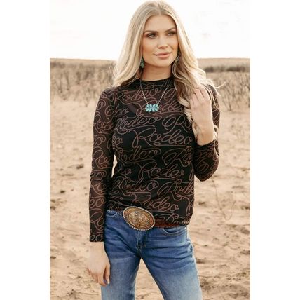 Black Western Rodeo Printed Mock Neck Long Sleeve Mesh Top