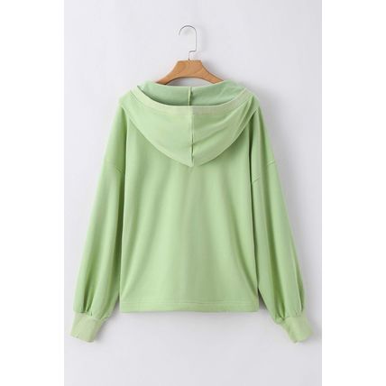 Smoke Green Solid Kangaroo Pocket Half Zipper Oversized Hoodie