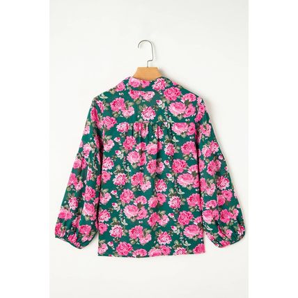 Green Floral Printed Tied Collar Puff Sleeve Blouse