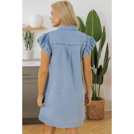 Beau Blue Flutter Sleeve Shirred Detail Button Up Denim Mini Dress