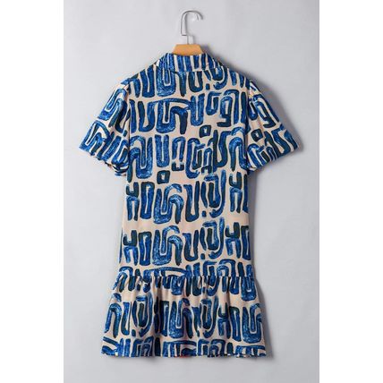 Beige Abstract Print Bubble Sleeve Button up Mini Dress