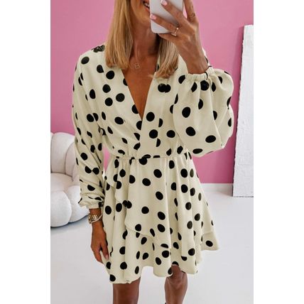 Beige Polka Dot Printed Surplice V Neck Puff Sleeve Mini Dress