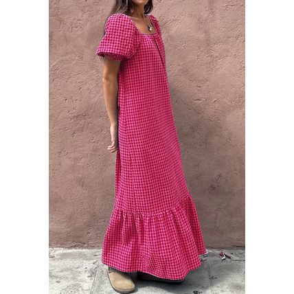 Rose Ginham Check Bubble Sleeve Ruffled Maxi Dress