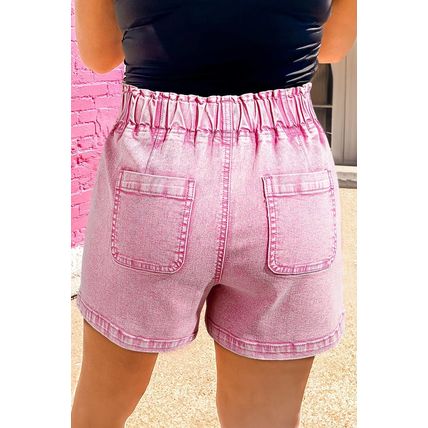 Strawberry Pink Elastic High Waisted Denim Shorts
