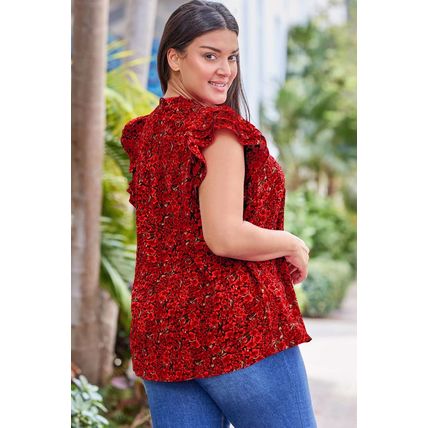 Fiery Red Rose Floral Print Ruffle Sleeve Plus Size Shift Top