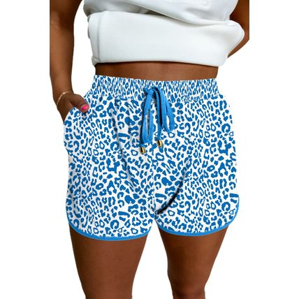 Blue Leopard Elastic Waist Lace up Contrast Trim Casual Shorts