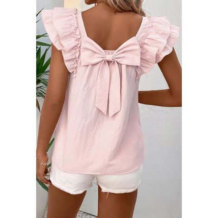 Gossamer Pink Textured Bow Knot Frilled Butterfly Sleeve Blouse
