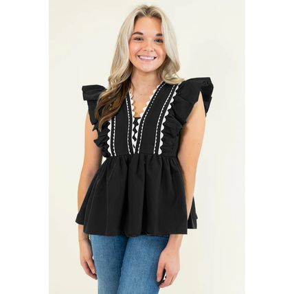 Black Contrast Ricrac Trim Ruffled V Neck Peplum Top