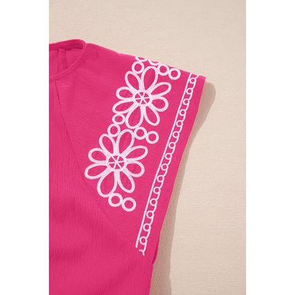 Sachet Pink Floral Embroidered Flutter Sleeve Pleated Neck Blouse
