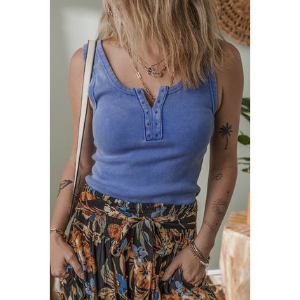 Sky Blue Mineral Wash Ribbed Notch Neck Tank Top