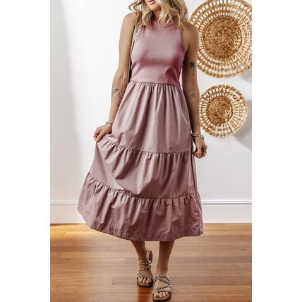Sepia Rose Ribbed Vest Patchwork Tiered Midi Dress with Pockets
