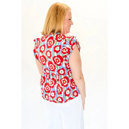 Red Plus Size Floral Print Ruffle Trim Split Neck Peplum Top