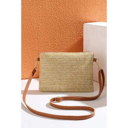 Beige Bow Pearl Decor Straw PU Leather Patched Crossbody Bag