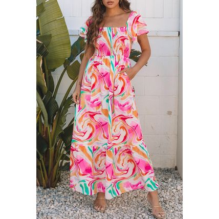 Pink Abstract Print Ruffled Sleeve Smocked Bust Maxi Dress