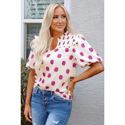 Rose Polka Dot Print Shirred Yoke Notched Neck Balloon Sleeve Blouse