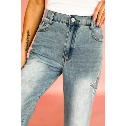 Stone Blue Star Patchwork Cropped Wide Leg High Waist Jeans