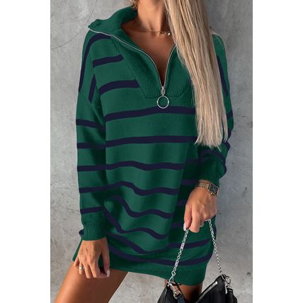 Green Striped/Solid O-ring Zip Collared Loose Sweater Mini Dress