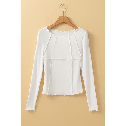 White Exposed Seam Ribbed Knit Slim Fit Long Sleeve Top
