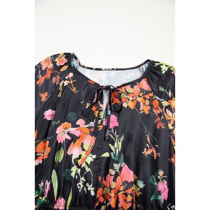 Black Plus Size Floral Print Tie Neck Cinched Waist Long Sleeve Mini Dress