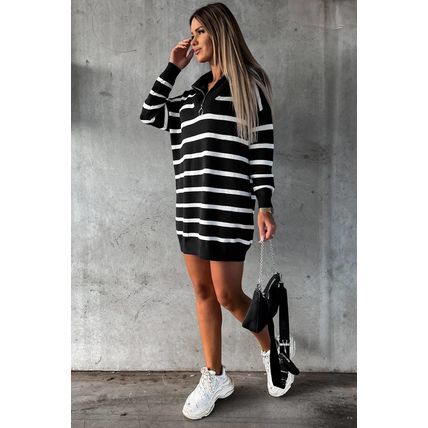 Black Striped/Solid O-ring Zip Collared Loose Sweater Mini Dress
