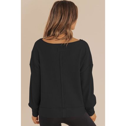 Black Waffle Knit Notched V Neck Drop Shoulder Solid Sweatshirt