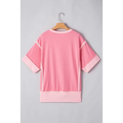 Peach Blossom Raw Seam Patchwork GAME DAY Letter Graphic Loose Tee