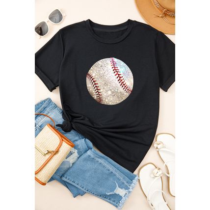 Black Heat Transfer Baseball Print Cotton Blend T Shirt