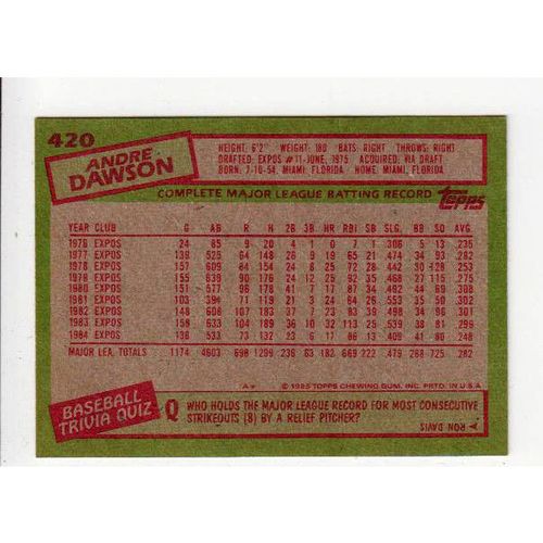 1985 Topps Andre Dawson Baseball card #420 -NM- HOF-Expos