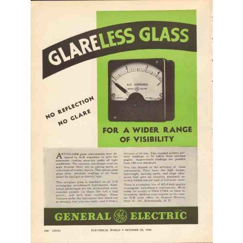 general electric company 1936 glareless glass instruments vintage ad