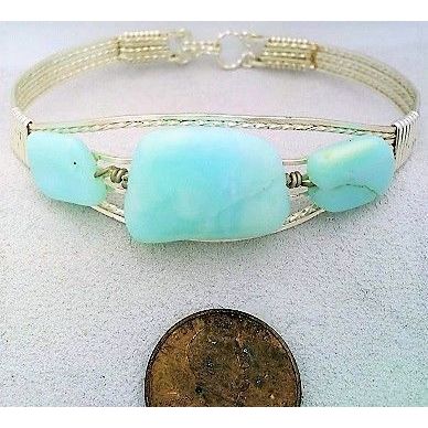 Blue Opal Silver Wire Wrap Gemstone Bangle Cuff Bracelet Sz. 7.5