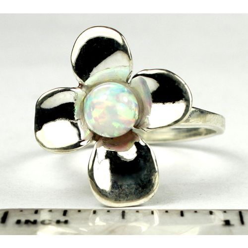 Created White Opal, 925 Sterling Silver Dogwood Ring, SR315