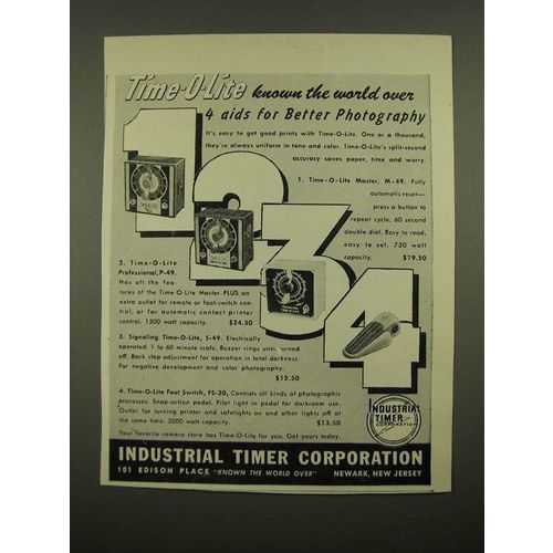 1947 Industrial Timer Corporation Ad -Time-O-Lite Master M-49; Professional P-49