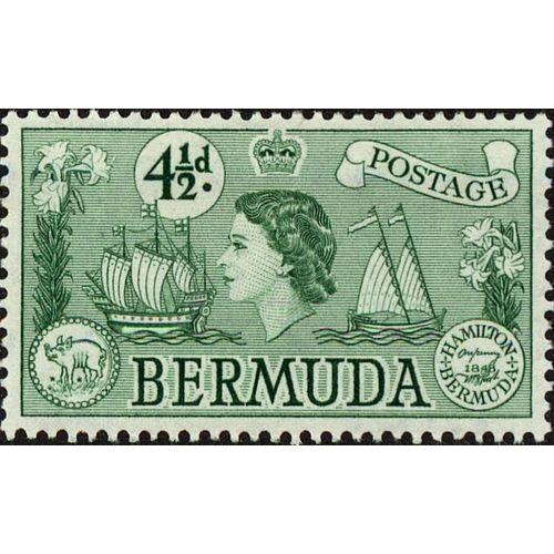 Bermuda QEII 1953 4½d Emerald Mounted Mint MM SG 142 Sc 151 Galleon Coin stamp