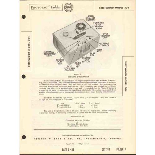 CRESTWOOD model 304 magnetic tape recorder Sams Photofact manual