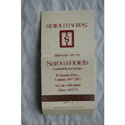 Matchbook cover Sarova Hotels, Reservations, 11 Thurloe Place, London