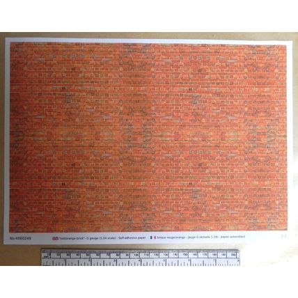 Papier auto-adhésif brique rouge orange- pour G gauge - échelle 1:24-A4